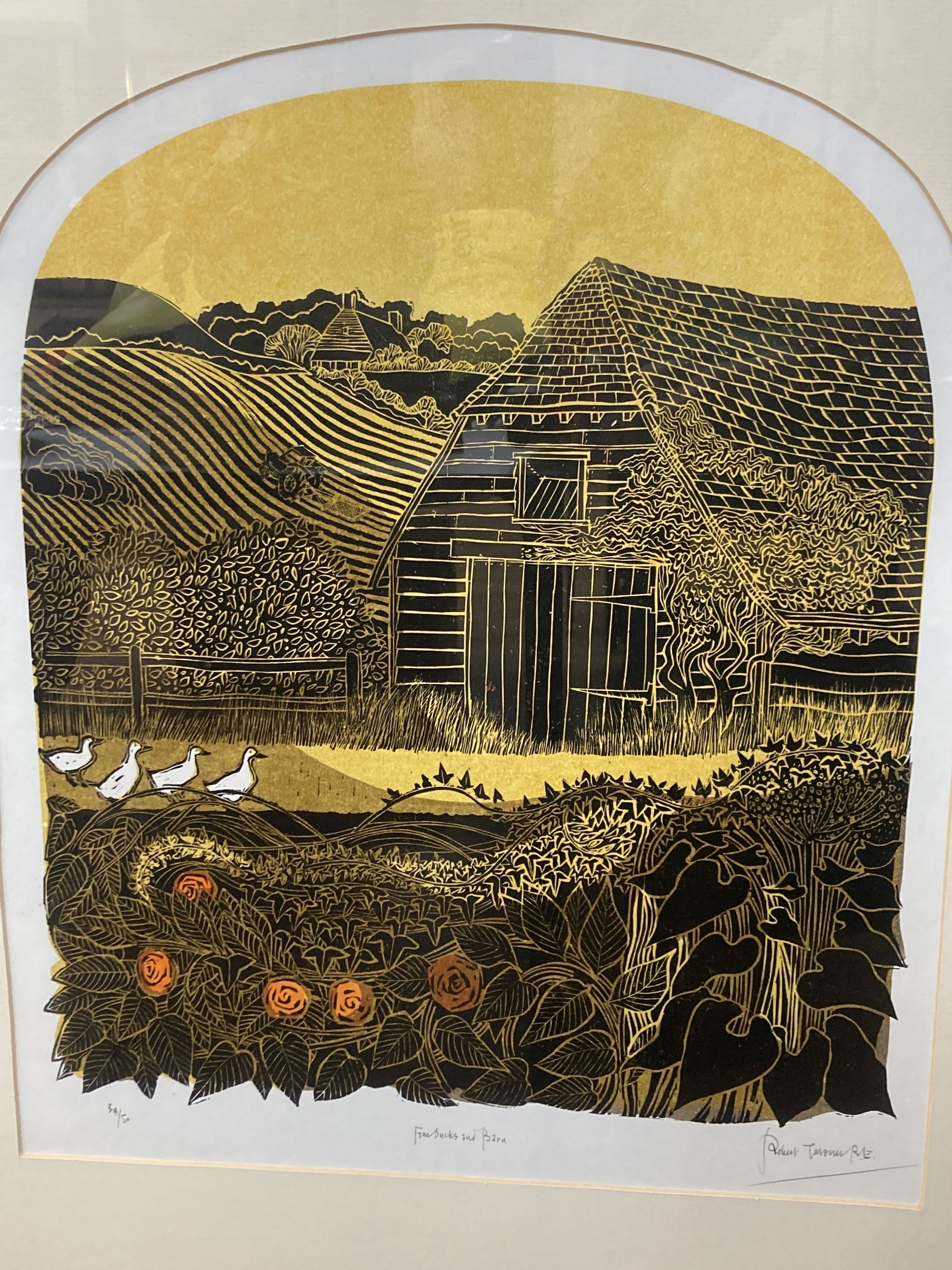 Robert Tavener (1920-2004), a limited edition print, Four ducks and barn, signed in pencil, inscribed and numbered 34/50, 51 x 42cm